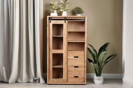 SAM „Highboard Lian IV“ 100 x 45 x 175 cm, natūralios akacijos medžio kraštų apdaila | 7 skyrių ir 3 stalčiai, stumdomos stiklinės durelės, ketaus elementai, masyvi akacijos mediena