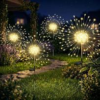 Saulės energija maitinami lauko žibintai, 4 vnt. rinkinys, 200 LED saulės energija maitinamų fejerverkų žibintų, 8 režimai, automatinis įjungimas/išjungimas, „Starburst“ žibintai, maitinami saulės energija, atsparūs vandeniui, skirti terasai ir kiemui