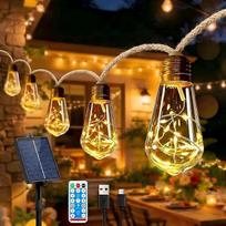 Saulės energija maitinamos lauko girliandos su 16 S17 LED lemputėmis (šiltos baltos spalvos), 8 m ilgio, atsparios oro sąlygoms, su 8 režimais, reguliuojamu apšvietimo intensyvumu, laikmačiu, USB-C jungtimi ir nuotolinio valdymo pultu, skirtos sodui, balk