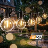 Saulės energija maitinamos lauko girliandos, 30 m, LED lauko girliandos, 50 + 2 plastikinės lemputės, atsparios vandeniui (IP45), skirtos lauko erdvėms, sodui, terasai, medžiams, šventės dekoravimui, 2700 K šilta balta šviesa
