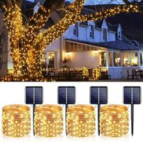 Saulės energija maitinamos lauko girliandos, 4 vnt. rinkinys, 12 m ilgio girlianda su 120 LED lemputėmis, atspari oro sąlygoms, IP65 klasės varinių laidų girlianda su 8 režimais, šiltos baltos spalvos saulės energija maitinamos girliandos, skirtos Kalėdom