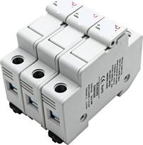 Saulės energijos jungimo dėžutė, montuojama ant DIN bėgelio, su indikatorine lempute, skirta 10×38 mm nuolatinės srovės saulės energijos saugikliams, skirta saulės fotoelektros sistemoms ir saulės baterijų sistemoms (dydis: 25 A, Far