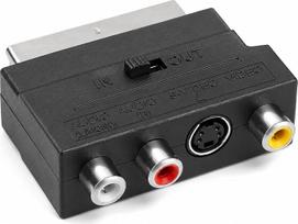 SCART į 3 RCA ir S-Video, SCART jungtis „Audio Video IN/OUT“ skirtas retro AV analoginėms konsolėms su stereo ir kompoziciniu vaizdu, perjungiklis, skirtas televizoriams, DVD grotuvams, retro konsolėms ir įrangai