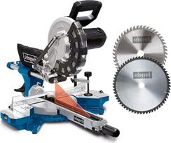 Scheppach HM254 kombinuotas slankusis kampinis pjūklas, 2000 W, pjūklo disko skersmuo 255 mm, pjovimo plotis 34 cm, pjovimo aukštis 9 cm, su pjovimo linijos lazeriu ir LED apšvietimu, greito fiksavimo sukamas stalas | švelnus paleidimas | 2 x HW pjūklo di