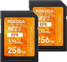 SD kortelė UHS II SDXC 256GB, 2 vnt. rinkinys. Profesionali SD atminties kortelė su skaitymo greičiu iki 300MB/s ir rašymo greičiu iki 160MB/s, V60, U3, 10 klasė – 4K/6K vaizdo įrašams, DSLR fotoaparatams, žaidimams, veiksmo kameroms (EF8 256GB, 2 vnt