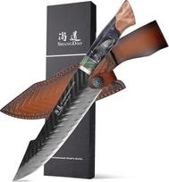 SHANGDAO Damasko virėjo peilis Virtuvinis peilis su odiniu dėklu, 20 cm, 67 sluoksnių legiruoto plieno 10Cr15CoMoV pjovimo šerdis, profesionaliai rankomis kalta dervos ir medžio rankena