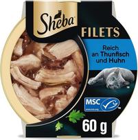 Sheba Filets - geriausias drėgnas kačių ėdalas dėkle - vištiena su tausojančiu tunu - 16 x 60 g