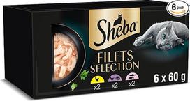 SHEBA Fillets suaugusių kačių maistas su vištiena, jūros žuvimi ir krevetėmis, lašiša ir tunu 36 x 60 g dubenėlis
