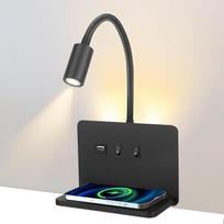 Sieninis skaitymo šviestuvas su USB „3-in-1“, 3 W + 10 W skaitymo lempa lovai su jungikliu ir belaidžiu įkrovikliu, LED sieninis šviestuvas, lovos skaitymo lempa, 360° „gulbės kaklo“ lempa, skirta miegamajam