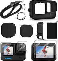 Silikoninis apsauginis dėklas „GoPro Hero 12/11/10/9“ (juodas) – priedų rinkinys su silikoniniu dėklu, ekrano apsaugine plėvele, baterijos dangteliu + silikoniniu objektyvo dangteliu + dirželiu, skirtas „Hero 12“, „11“, „10“ ir „9“ modeliams