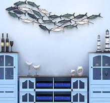 simdennr FISH SHOAL METAL WALL DECOR Didelis būrys žuvų rankų darbo metalinė sieninė skulptūra Sienų dekoras gyvenamajam kambariui Namai 150x42cm