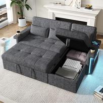Šiuolaikiška L formos modulinė sofa-lova, išskleidžiama sofa-lova su miego funkcija, su daiktų laikymo skyriumi ir išskleidžiamu gėrimų laikikliu (pilka)