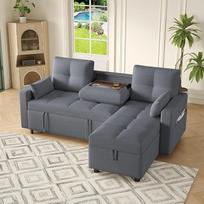 Šiuolaikiška L formos sofa-lova su miego funkcija, modulinė kampinė sofa su išstumiamu lovos elementu, daiktų laikymo vieta ir sulankstomu gėrimų laikikliu, idealiai tinka svetainei