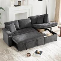 Šiuolaikiška L formos sofa-lova su USB jungtimis ir išstumiamąja funkcija, 3-vietė sofa su paslėpta daiktų laikymo erdve ir miego funkcija, daugiafunkcinė sofa-lova, pilka B, 209 x 130 x 84 cm