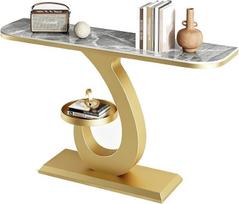 Šiuolaikiškas staliukas, siauras, ilgas sofos staliukas su geometrine metaline konstrukcija, skirtas pastatyti už sofos arba naudoti kaip staliuką prieškambaryje (Gold-B, 80x30x80 cm)