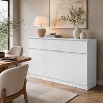 Šiuolaikiškas virtuvės ir daiktų laikymo spintelė, balta – 2 stalčiai, 3 durelės, blizgios PET fasadinės plokštės, MDF korpusas, 120 x 40 x 83 cm – lengvai surenkama, virtuvė, svetainė, valgomasis