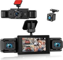 SIXWIN 4 kanalų prietaisų kameros 360° automobiliui, 3 colių prietaisų kameros su 1080P priekine ir 3 480P galinėmis kairės pusės dešinės kameromis, judesio aptikimas, įrašymas kilpa, pagalba parkuojantis, parkavimo stebėjimas 24 valandas per parą, lengva