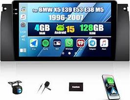SIXWIN 4+128G Android 15 automobilinis radijas su CarPlay/Android Car/Mirror Link, skirtas BMW 5 E39 E53 M5 X5 (1996-2007), 9 colių HD jutiklinis ekranas, palaiko WiFi GPS Bluetooth FM/RDS + atbulinės eigos kamera
