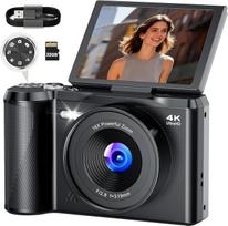 Skaitmeninis fotoaparatas 4K fotoaparatas Foto kamera 56MP: 3 colių 180° apverčiamas ekranas Skaitmeninis fotoaparatas su režimo rinkikliu Vlog - Senovinis fotoaparatas vaikams - Dovanos paaugliams berniukams mergaitėms 8-16 metų Juoda