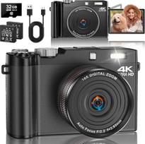 Skaitmeninis fotoaparatas 4K, 64 MP, su 32GB atminties kortele, 2,8 colio 180° atlenkiamu ekranu | Kompaktiškas fotoaparatas su 18 kartų skaitmeniniu priartinimu, 2 baterijomis, automatinio fokusavimo funkcija, skirtas paaugliams ir pradedantiesiems