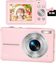 Skaitmeninis fotoaparatas, 44 MP, 1080p FHD, kompaktiškas fotoaparatas su 16 kartų skaitmeniniu priartinimu ir 32GB atminties kortele, skaitmeninis fotoaparatas vaikams, paaugliams, pradedantiesiems, berniukams ir mergaitėms (rožinis)