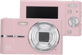 Skaitmeninis fotoaparatas, FHD 50 MP 1080p vlogų kūrimo kamera su 2,4 colio ekranu, 16 kartų priartinimu, automatiniu fokusavimu, fotografavimo efektais, automatiniu grožio koregavimu, nešiojamas kompaktiškas mažas fotoaparatas (rožinis)