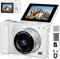 Skaitmeninis fotoaparatas 4K, 48 MP, automatinis fokusavimas, 16 kartų skaitmeninis priartinimas, 180° atlenkiamas ekranas, kompaktiškas fotoaparatas su 32GB atminties kortele, skirtas paaugliams, pradedantiesiems ir suaugusiems (baltas)