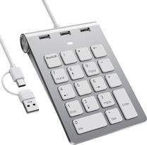 Skaitmeninis klaviatūros blokas su USB A / USB C jungtimis, daugiafunkciniais klavišais, 3 papildomais USB 2.0 prievadais, 18 mygtukais, 15° kampu pasviręs ergonomiškas skaitmeninis klaviatūros blokas, skirtas nešiojamiesiems kompiuteriams, nešiojamiesiem