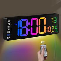 Skaitmeninis sieninis laikrodis, 16 colių didelis skaitmeninis sieninis laikrodis su nuotolinio valdymo pulteliu, 9 RGB spalvos, automatinis užtemdymas, atgalinis skaičiavimas, temperatūros rodymas, LED laikrodis svetainei, miegamajam, Kalėdoms, dovana se