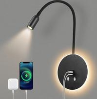 Skaitymo lempa lovai, sieninė skaitymo lempa, 3 W + 6 W lovos lempa su jutikliniu apšvietimo reguliatoriumi ir USB įkrovimo funkcija, LED sieninė skaitymo lempa su 360° pasukamu „gulbės kaklo“ lempu, skirta miegamajam, viešbučiui, 3000 K, juoda
