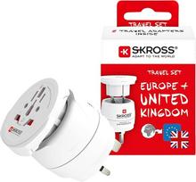 SKROSS 1.500231C-E „Estate World“ į JK | Universalus kelioninis adapteris, skirtas prijungti įvairių šalių įrenginius prie JK elektros tinklo. Įtampa ir galia: 100 V – 1300 W / 250 V – 3250 W. Apsauga nuo elektros smūgio