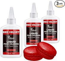 Skystų maistinių dažų rinkinys "Red Velvet" (70 g x 3) - maistui saugūs koncentruoti skysti dažai | Skirti kepiniams (tortams, makaronams, sausainiams) ir pasidaryk pats (tortų dekoravimui, fondantui, glaistui, muilui)
