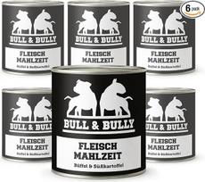 Šlapias šunų maistas, 800 g, 6 vnt. – mėsos miltai, buivoliena ir saldžiosios bulvės - Šunų šlapias maistas, sukurtas veterinarų - „BULL & BULLY“ aukščiausios kokybės šunų šlapias maistas su 93 % mėsos, skirtas aktyviems šunims | Veterinarų sukurtas šunų