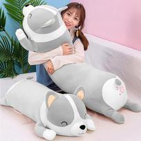 SNOWOLF „Shiba Inu“ pliušinė pagalvė, pliušinis šunelis, mielas korgis, akita, minkštas pliušinis žaislas, patogi pagalvė, dovanos mergaitėms ir berniukams (pilka, 120 cm)