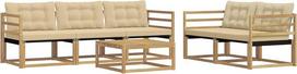 Sodo baldų komplektas iš akacijų medžio, modulinė lauko sofa terasai ir sodui, 5 vietų poilsio komplektas su stalu, modernus dizainas, baldų komplektas baltos ir smėlio spalvos