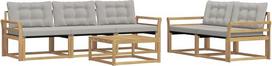 Sodo baldų komplektas iš masyvios akacijos medienos, modulinė lauko sofa su stalu, poilsio komplektas terasai ir sodui, 5 sėdimosios vietos, balta ir šviesiai pilka spalva, atmosferos poveikiui atsparus paviršius