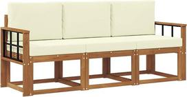 Sodo baldų komplektas iš masyvios akacijų medienos, modulinė lauko sofa su sėdėjimo ir atlošo pagalvėlėmis, poilsio komplektas terasai ir sodui, natūralios ir kreminės spalvos, 3 dalių