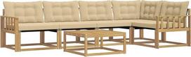 Sodo baldų komplektas iš masyvios akacijų medienos, modulinė lauko poilsio sofa (6 dalių) su stalu, patogus sėdėjimo komplektas terasai ir sodui, atsparus oro sąlygoms, baltos ir smėlio spalvos