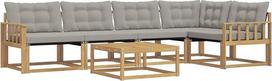 Sodo baldų komplektas iš masyvios akacijų medienos, modulinė lauko sofa su stalu ir pagalvėlėmis, sėdimoji grupė terasai ir sodui, 6 dalių, šviesiai pilkos ir baltos spalvos