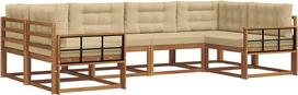 Sodo baldų komplektas: 6 dalių lauko sofa, poilsio komplektas iš masyvios akacijų medienos su smėlio spalvos pagalvėlėmis, modulinis sėdimųjų baldų komplektas terasai, sodui ir prie baseino, 325 x 168,5 x 73 cm