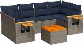 Sodo sofos komplektas Pilka PE rotango kampinė sofa ir centrinė sofa su akacijos medžio stalu - lauko baldai kiemui ir terasai Modelis3226642