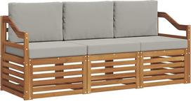 Sodo sofų komplektas iš masyvios akacijų medienos, modulinė sėdimųjų baldų grupė sodui ir terasai, poilsio sofa su patogiais šviesiai pilkos spalvos pagalvėliais, grotelių dizainas, 185,5 x 63 x 73 cm