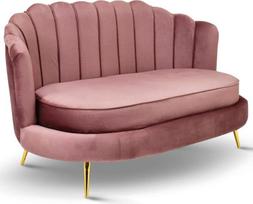 Sofa 2 vietų rožinė 150 cm - su minkštu užpildu, dygsniuotu atlošu, aukso spalvos kojomis, veliūro audinio - sofa svetainei, svečių kambariui, svetainės baldams