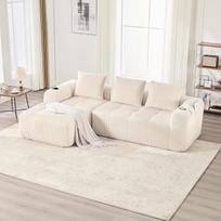 Sofa be kaulų, modulinė sofa, L formos sofa su miego funkcija, kampinė sofa su šezlongu, velvetas, su 3 pagalvėlėmis ir šoninėmis kišenėmis, gėrimų laikiklis, neremontuojama, 253 x 158 x 61 cm (smėlio spalvos)