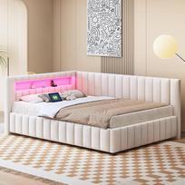 Sofa lova 140 x 200 cm, minkšta lova su LED apšvietimu ir USB įkrovimo prievadu, dienos lova su atlošu, galvūgaliu ir lovos rėmu, skirta svetainei, miegamajam, aksominis audinys, smėlio spalvos (čiužinys neįtrauktas)