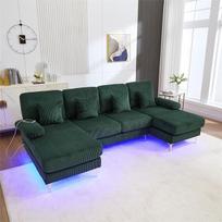 Sofa lova 4 vietų U formos sofa su LED ir USB-C prievadu bei 4 pagalvėlėmis Sofa lova gyvenamajam kambariui ir miegamajam "Velvet" tamsiai žalia