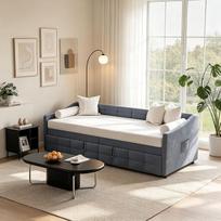Sofa lova 90 x 200 cm su ištraukiama lova, išskleidžiama viengulė lova su aksominiu audiniu, dieninė lova su skersiniu rėmu svetainei, miegamajam, be čiužinio, pilka