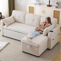Sofa lova su miego funkcija, L formos sofa, modernus dizainas, minkšti baldai, sofa, poilsio kėdė su laikymo vieta, su gėrimų laikikliu, svetainės sofa lova, keičiama kairėn ir dešinėn (smėlio spalvos, 3 sėdimos vietos)