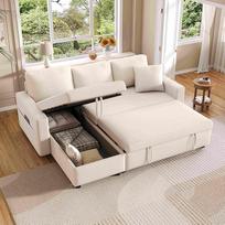 Sofa lova su miego funkcija, "L" formos sofa šezlongas su kišenine saugykla, kairysis ir dešinysis keičiami šezlongai, smėlio spalvos