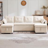 Sofa lova U formos gyvenamasis kraštovaizdis XXL sofa su miego funkcija 2 lovos dėžės gėrimų laikiklis Lininė išvaizda Geležies rėmo sofa lova Sekcinė didelė sofa Svečių lova, įskaitant 2 pagalvėles